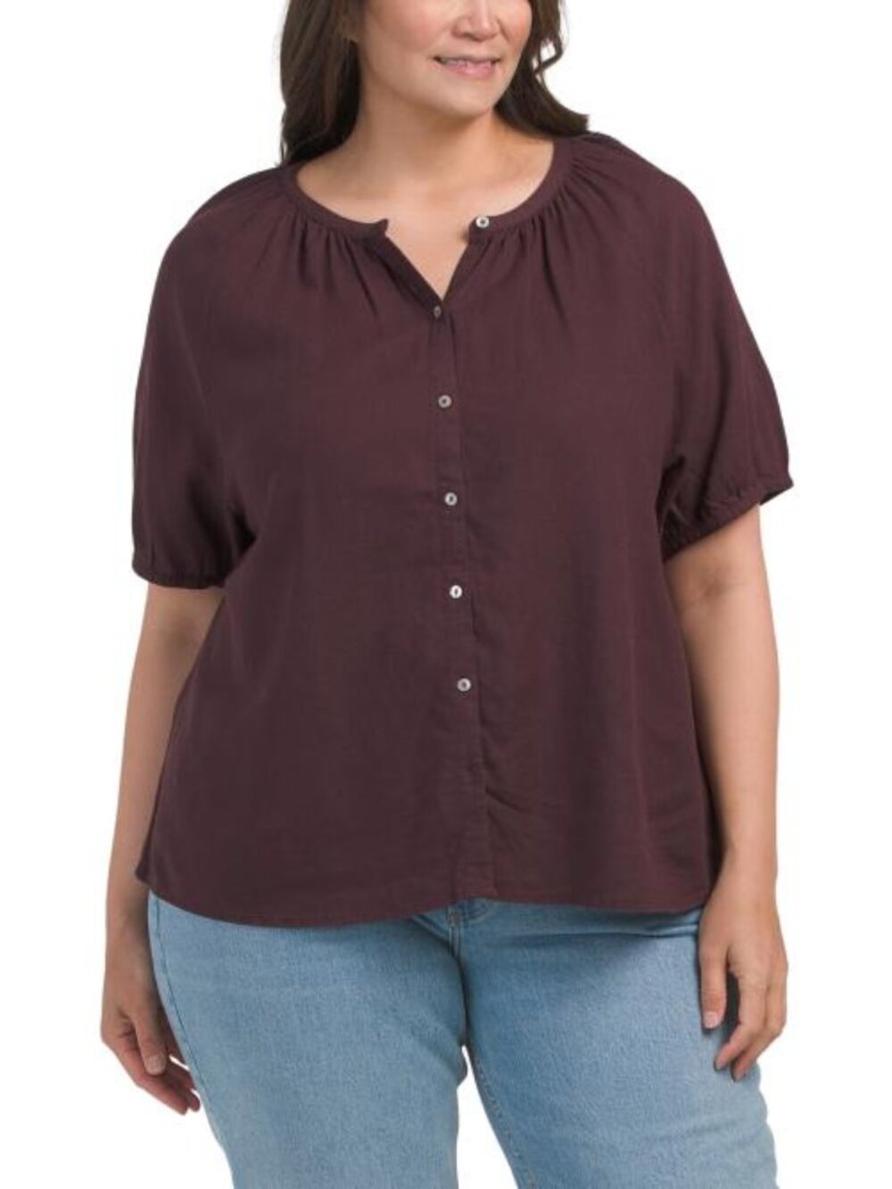 JONES & CO JONES NEW YORK Plus Linen Blend Split Neck Button Down Blouse